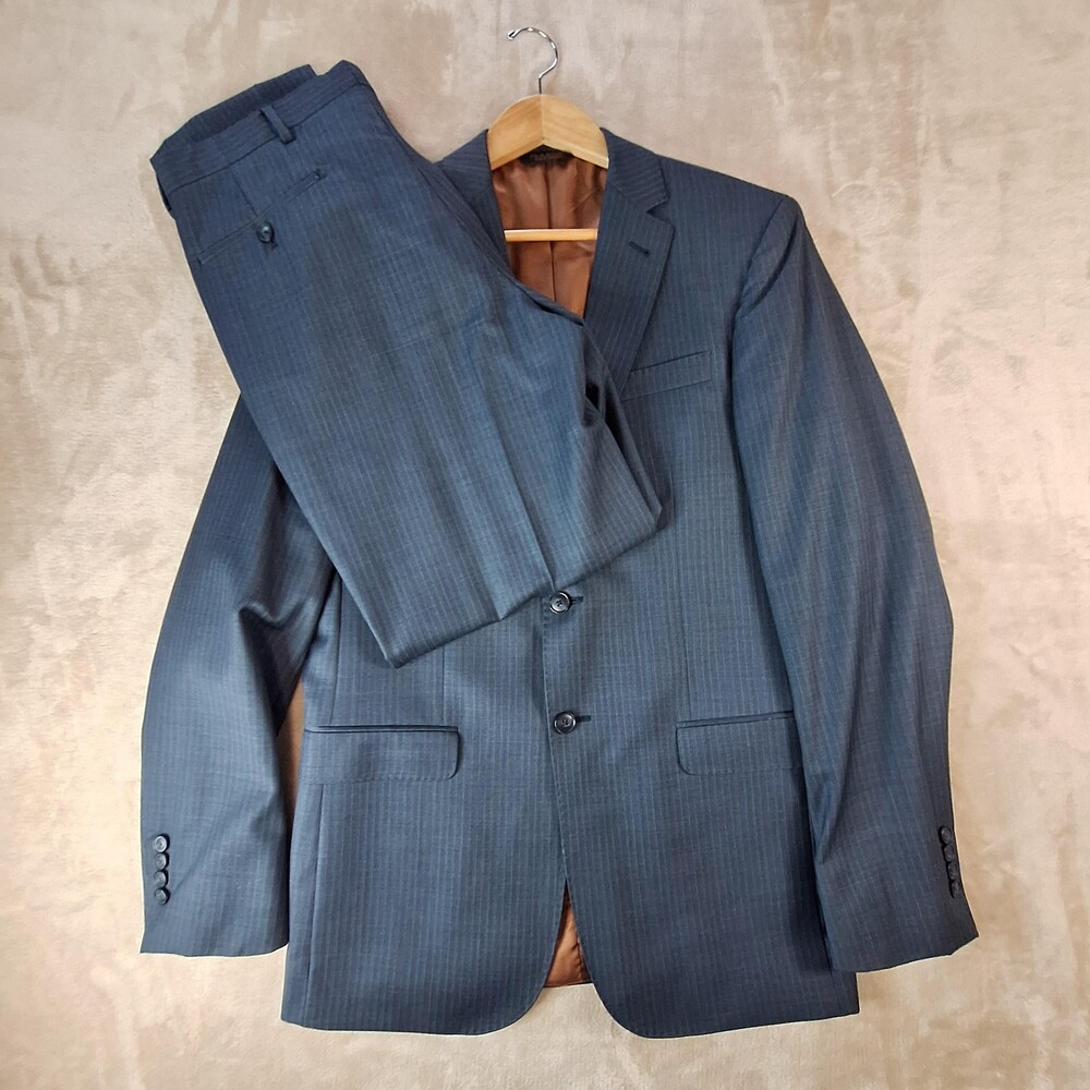 Jos A Bank Suit Mens 39L 35x33 Blue Herringbone Slim Fit 2 Button Jacket Pants